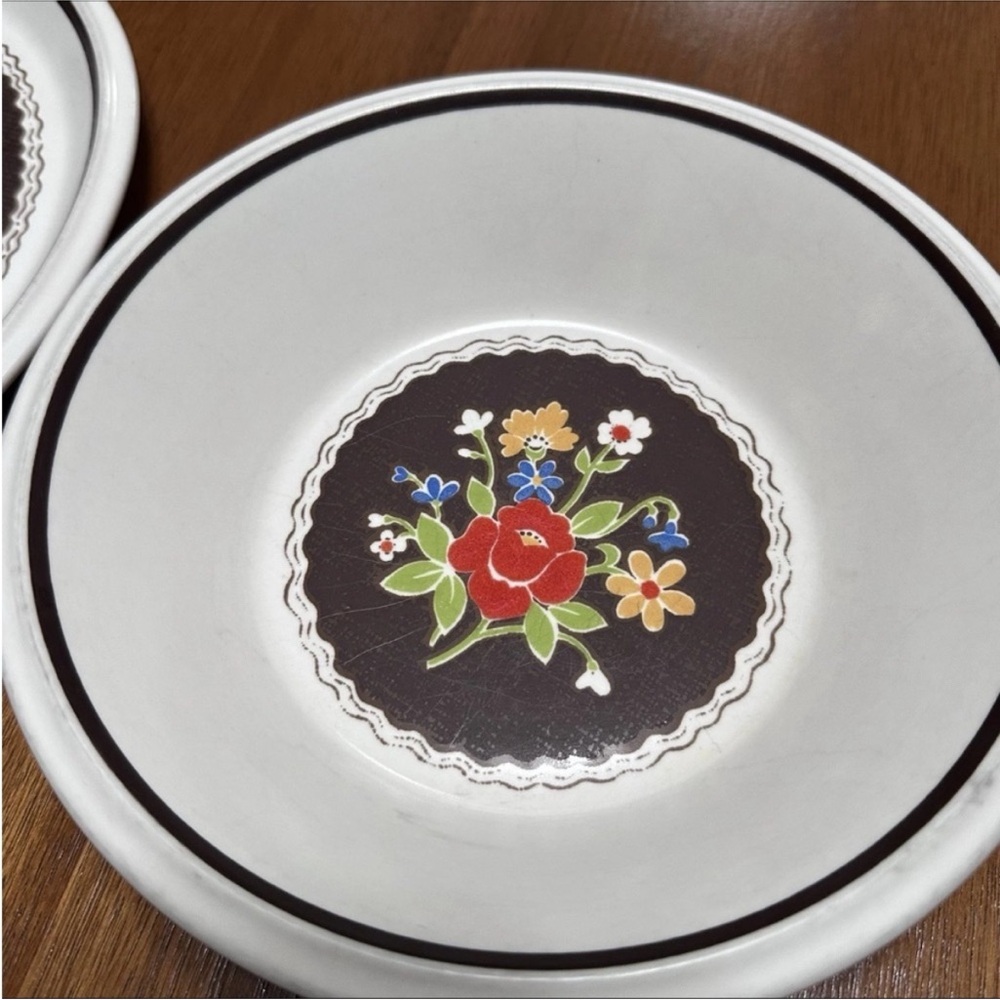 Mikasa Int’l 1970s Brown Denim Floral 11” Plate & Bowl Set E4803 Mid Century - Picture 5 of 8